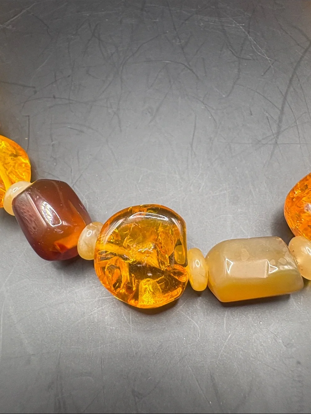 Vintage Amber Tone Crackle Glass & Carnelian Agate Statement Bead Necklace